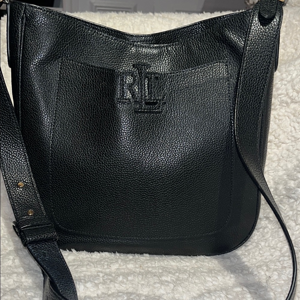 Lauren Ralph Lauren Black Leather Shoulder Bag with Textured Finish